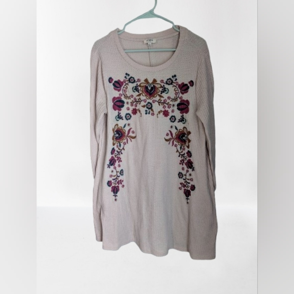 Umgee Women's Waffle Knit Long Sleeve Floral Embroidered Cream Dress- L